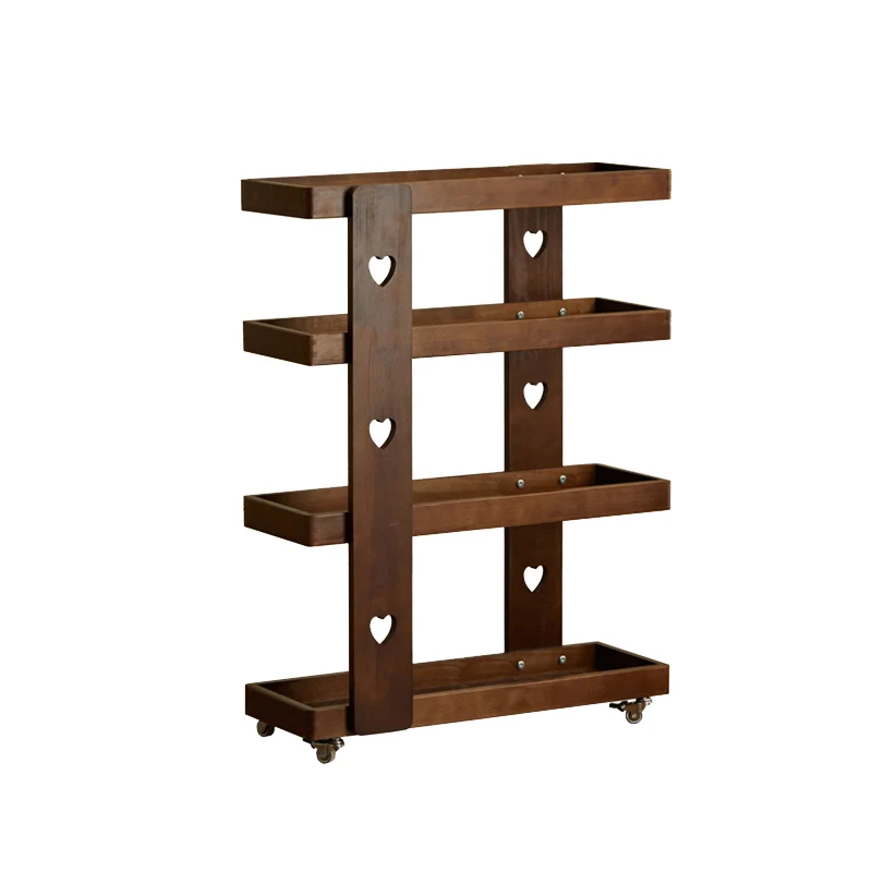 Traditional Japanese Rubberwood Solid Wood Rectangular Movable Storage Shelf 4-Tier For Living Room