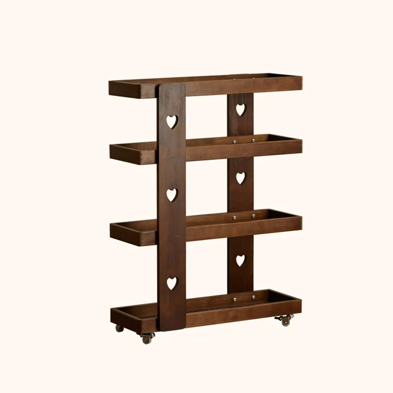 Traditional Japanese Rubberwood Solid Wood Rectangular Movable Storage Shelf 4-Tier For Living Room