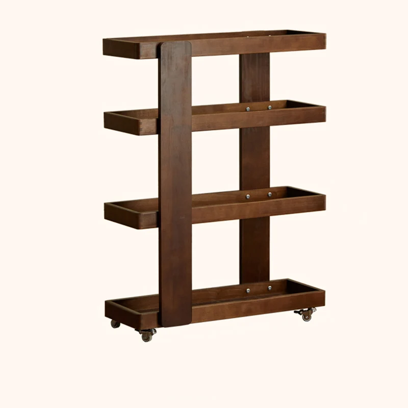 Traditional Japanese Rubberwood Solid Wood Rectangular Movable Storage Shelf 4-Tier For Living Room