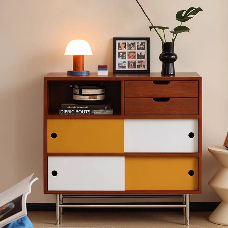 Traditional Vintage Rectangular Pine Wood Boxwood Plywood Stainless Steel Multi-Compartment Storage Cabinet 5-Tier For Living Room