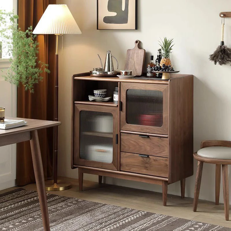 Traditional Vintage Rectangular Pine Wood Plywood Glass Large Capacity Storage Cabinet 2-Drawer For Living Room