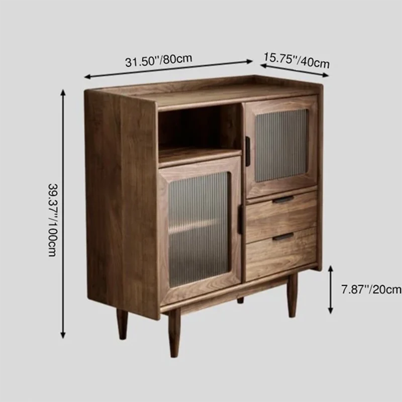 Traditional Vintage Rectangular Pine Wood Plywood Glass Large Capacity Storage Cabinet 2-Drawer For Living Room