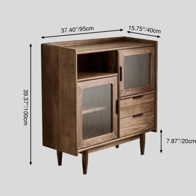 Traditional Vintage Rectangular Pine Wood Plywood Glass Large Capacity Storage Cabinet 2-Drawer For Living Room