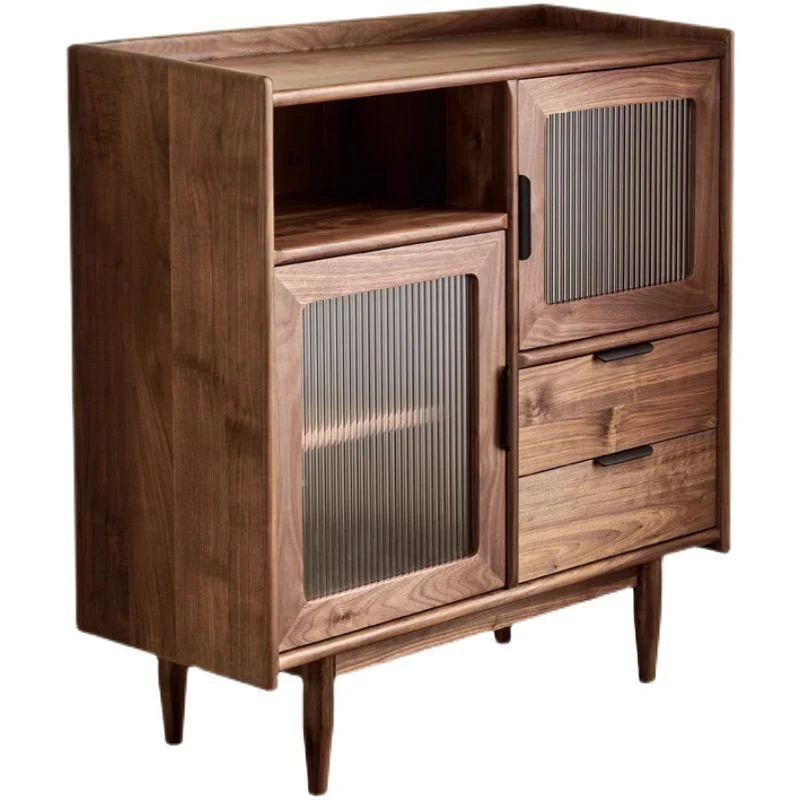 Traditional Vintage Rectangular Pine Wood Plywood Glass Large Capacity Storage Cabinet 2-Drawer For Living Room