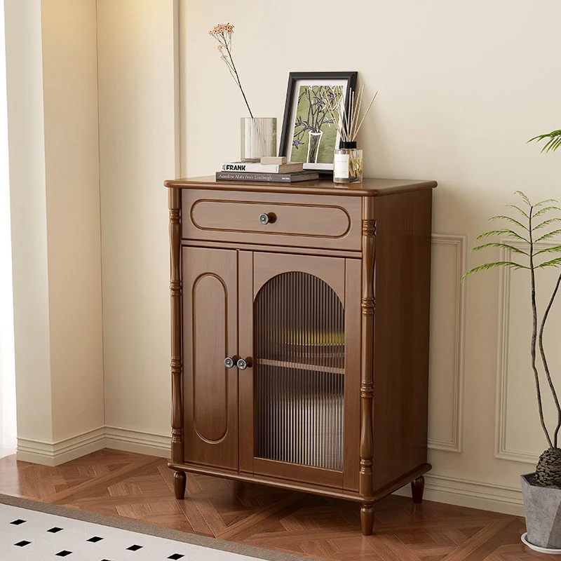 Modern Minimalist Rectangular Rubberwood Plywood Glass Sideboard Storage Cabinet 1-Drawer For Living Room