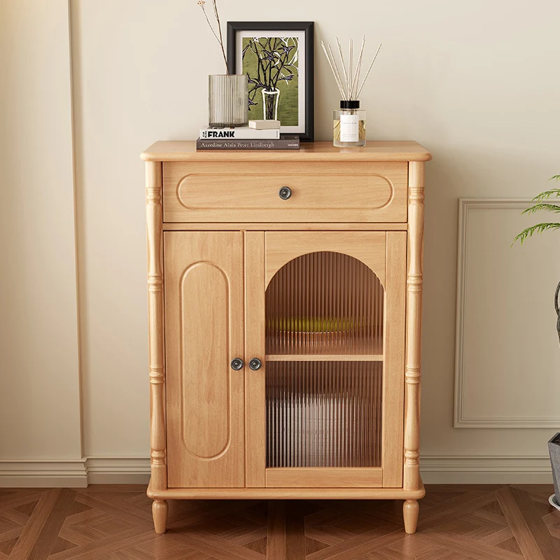 Modern Minimalist Rectangular Rubberwood Plywood Glass Sideboard Storage Cabinet 1-Drawer For Living Room