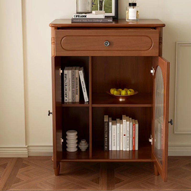 Modern Minimalist Rectangular Rubberwood Plywood Glass Sideboard Storage Cabinet 1-Drawer For Living Room