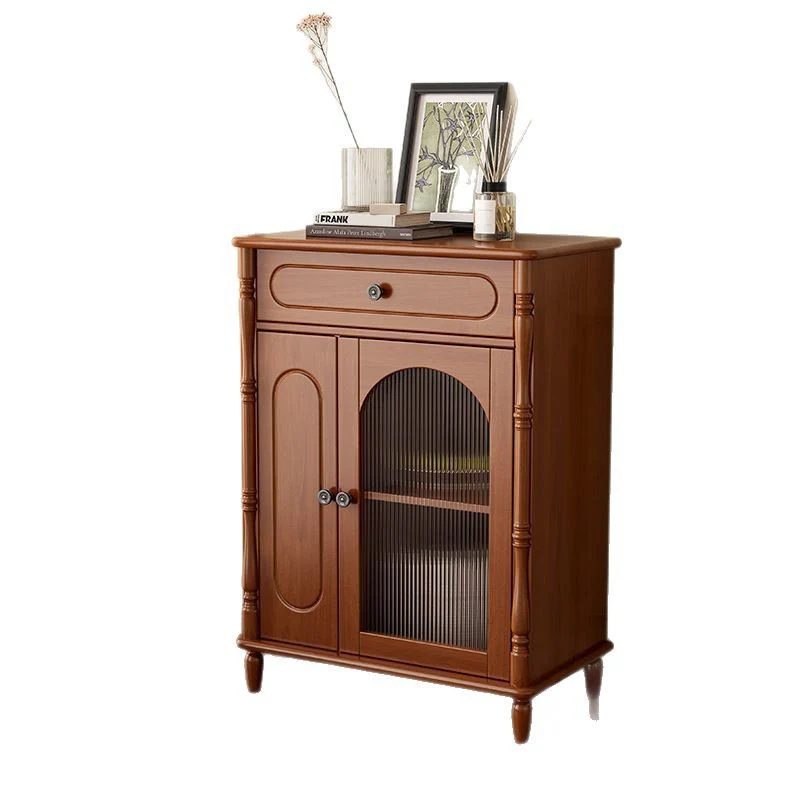 Modern Minimalist Rectangular Rubberwood Plywood Glass Sideboard Storage Cabinet 1-Drawer For Living Room