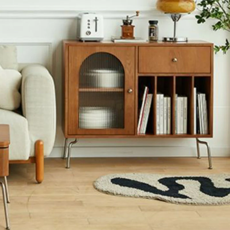 Contemporary Retro Rectangular Pine Wood Plywood Stainless Steel Glass Storage Cabinet 2/3-Tier For Living Room & Study