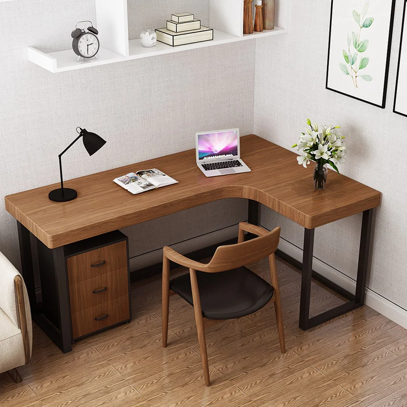 Modern Minimalist Pine Wood Plywood Iron PU Leather White Ash Wood L-Shaped Rectangular Desk & Chair Set 3-Drawer For Home & Office