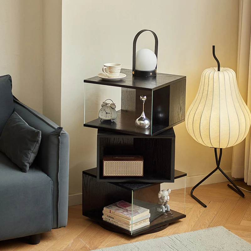 Contemporary Retro Rectangular Rubberwood Tempered Glass Rotatable Display Rack 2/3/4-Tier For Study