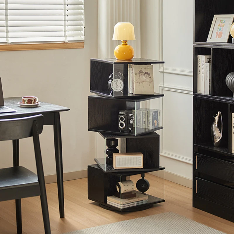 Contemporary Retro Rectangular Rubberwood Tempered Glass Rotatable Display Rack 2/3/4-Tier For Study