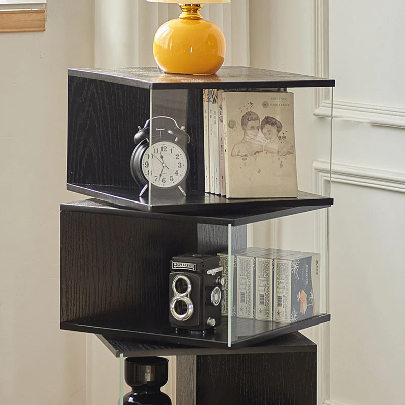 Contemporary Retro Rectangular Rubberwood Tempered Glass Rotatable Display Rack 2/3/4-Tier For Study