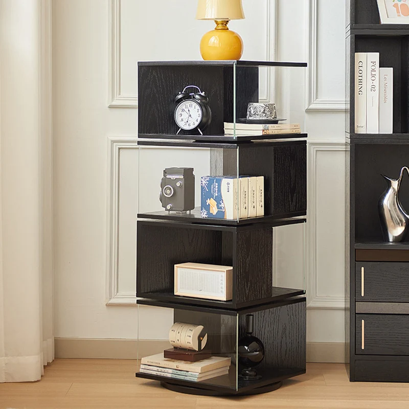 Contemporary Retro Rectangular Rubberwood Tempered Glass Rotatable Display Rack 2/3/4-Tier For Study
