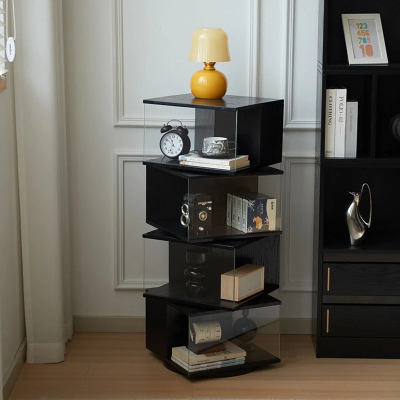 Contemporary Retro Rectangular Rubberwood Tempered Glass Rotatable Display Rack 2/3/4-Tier For Study