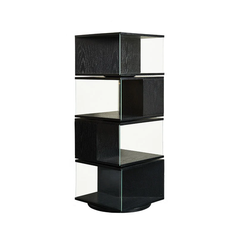 Contemporary Retro Rectangular Rubberwood Tempered Glass Rotatable Display Rack 2/3/4-Tier For Study