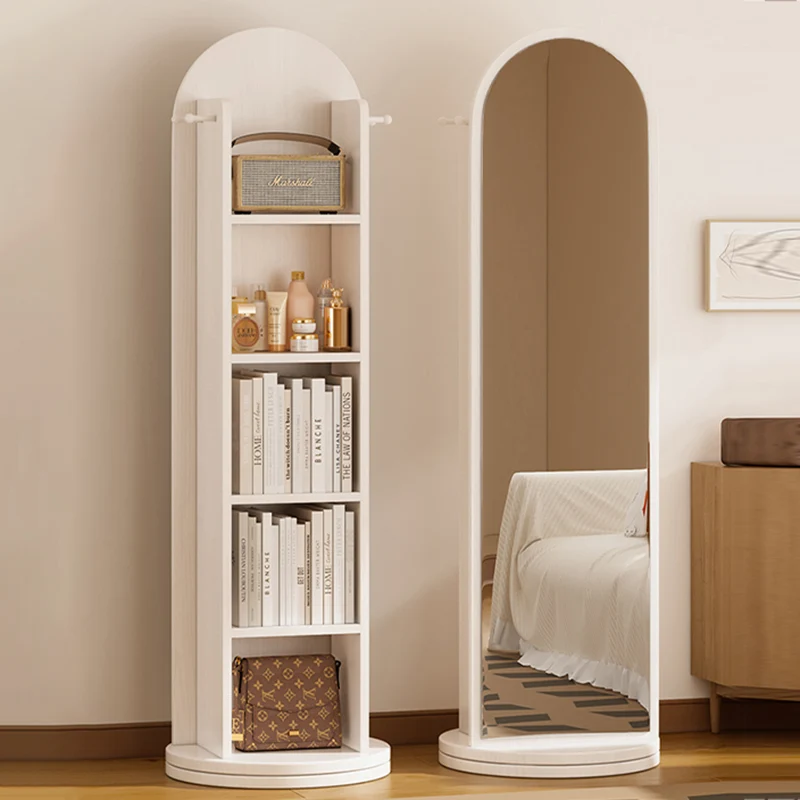 Modern Minimalist MDF Glass Arched Bookshelf 5-Tier Full-Length Mirror Rotating Storage For Bedroom & Living Room