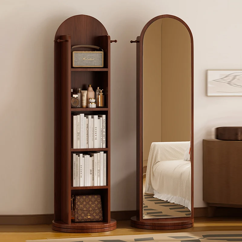 Modern Minimalist MDF Glass Arched Bookshelf 5-Tier Full-Length Mirror Rotating Storage For Bedroom & Living Room