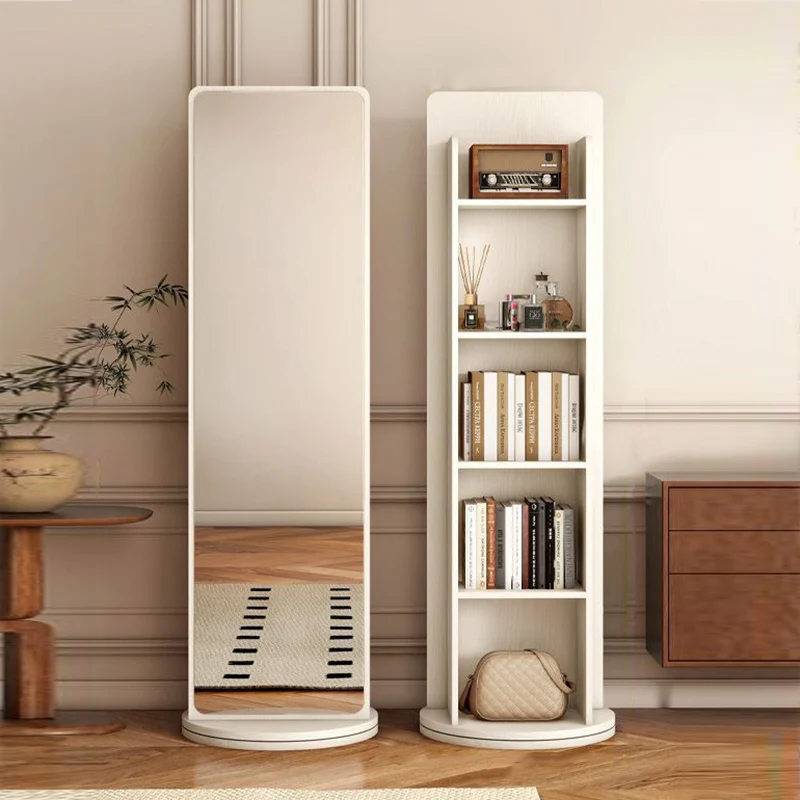 Modern Minimalist HDF Glass Rectangular Swivel Bookshelf 5-Tier With Full-Length Mirror Rotating Storage For Bedroom & Living Room