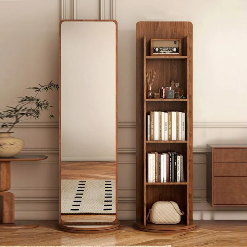Modern Minimalist HDF Glass Rectangular Swivel Bookshelf 5-Tier With Full-Length Mirror Rotating Storage For Bedroom & Living Room