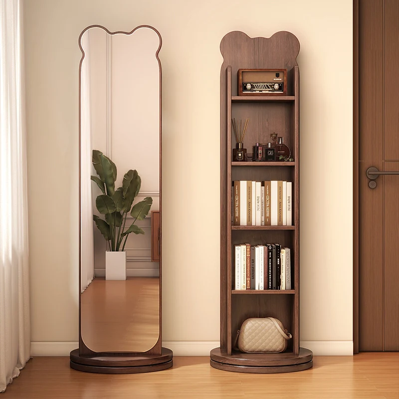 Contemporary Creative Particle Board Glass Bear-Shaped Rectangular Swivel Bookshelf 5-Tier Full-Length Mirror Rotating Storage For Bedroom & Living Room