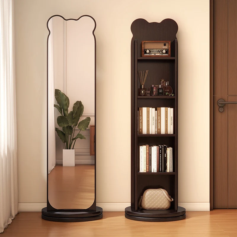 Contemporary Creative Particle Board Glass Bear-Shaped Rectangular Swivel Bookshelf 5-Tier Full-Length Mirror Rotating Storage For Bedroom & Living Room