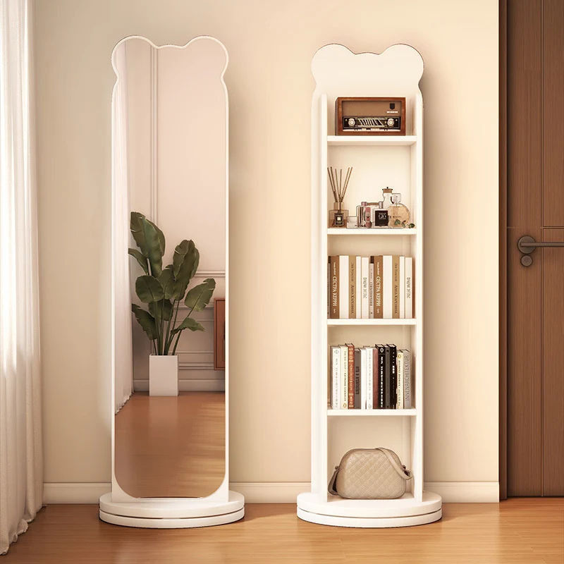Contemporary Creative Particle Board Glass Bear-Shaped Rectangular Swivel Bookshelf 5-Tier Full-Length Mirror Rotating Storage For Bedroom & Living Room