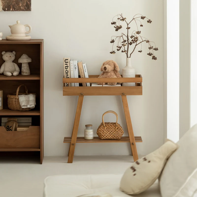 Modern Minimalist Solid Pine Wood Rectangular 2-Tier Shelving Unit & Storage Shelf For Living Room