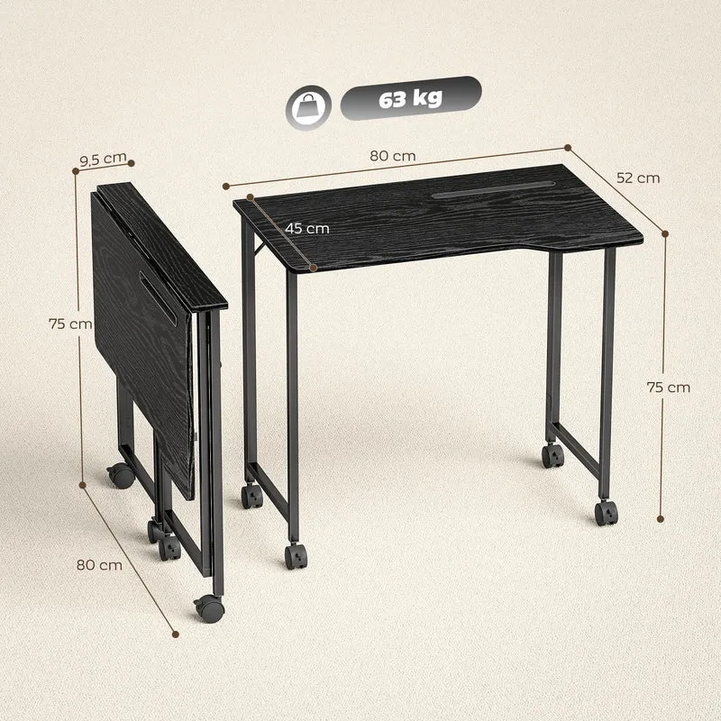 Secretária Dobrável 80x52 cm Secretária para Computador com Rodízios e Ranhura para Aparelho Montagem Fácil Preto