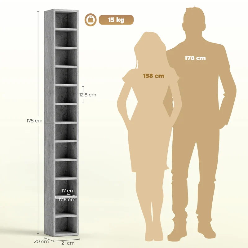 Estante Porta-CD com 12 Prateleiras para 204 CD, em MDF e Aglomerado, 21x20x175 cm, Cinzento