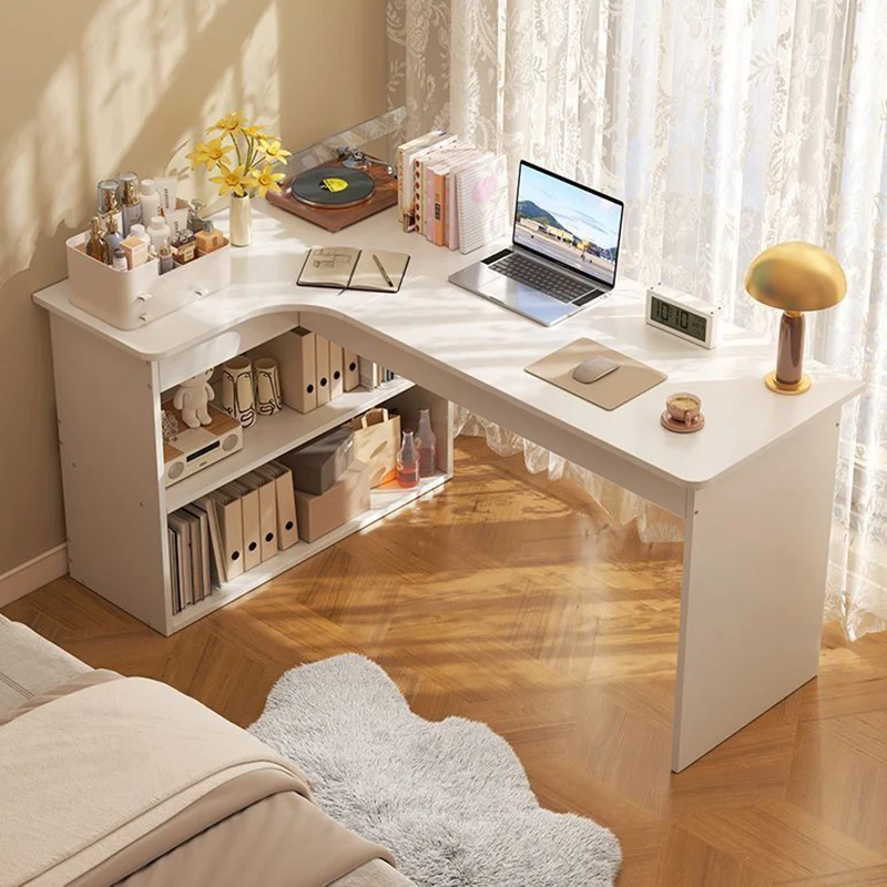 Modern Minimalist L-Shaped Rectangular Medium Density Fiberboard Desk 3-Tier For Bedroom