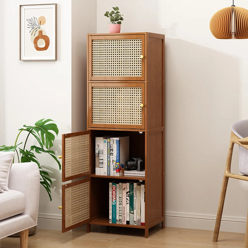 Traditional Chinese Bamboo Rattan Glass Rectangular Storage Cabinet With 2/3/4/5/6 Storage For Living Room
