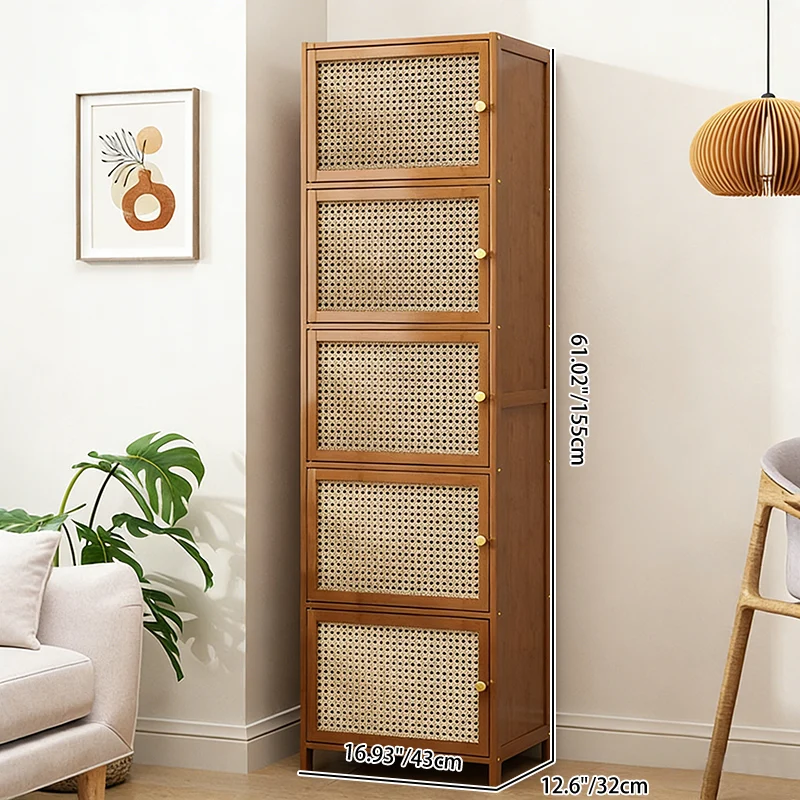 Traditional Chinese Bamboo Rattan Glass Rectangular Storage Cabinet With 2/3/4/5/6 Storage For Living Room