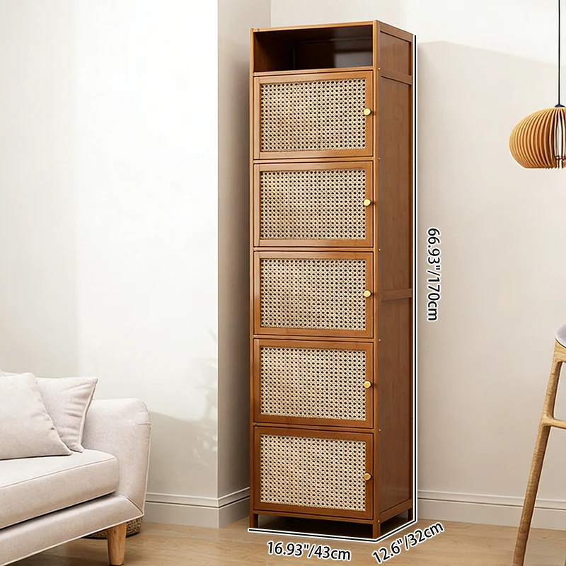 Traditional Chinese Bamboo Rattan Glass Rectangular Storage Cabinet With 2/3/4/5/6 Storage For Living Room