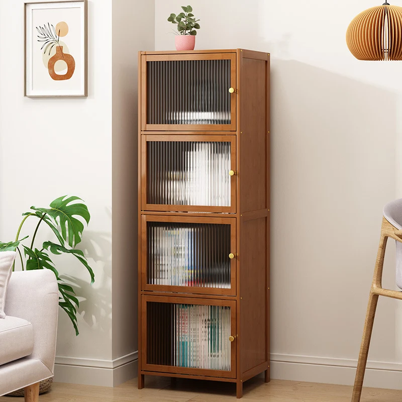Traditional Chinese Bamboo Rattan Glass Rectangular Storage Cabinet With 2/3/4/5/6 Storage For Living Room