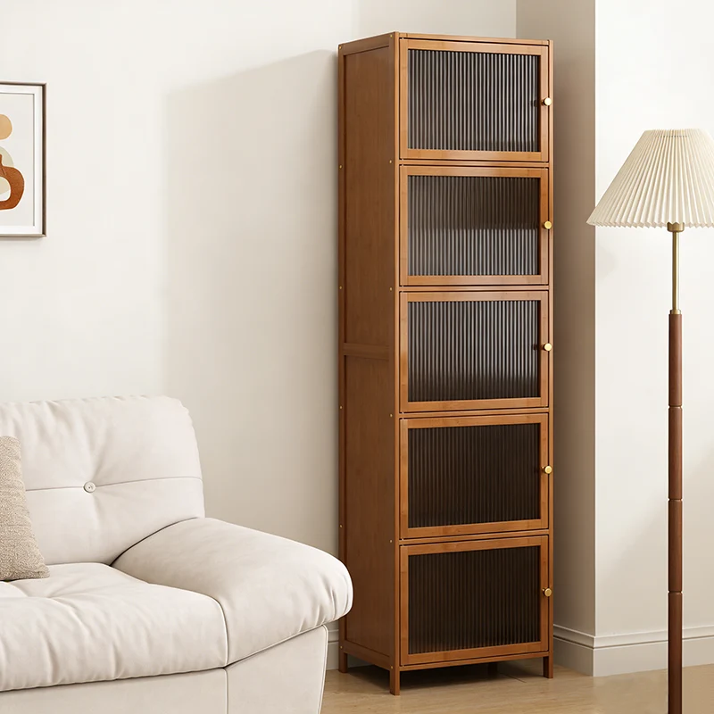 Traditional Chinese Bamboo Rattan Glass Rectangular Storage Cabinet With 2/3/4/5/6 Storage For Living Room
