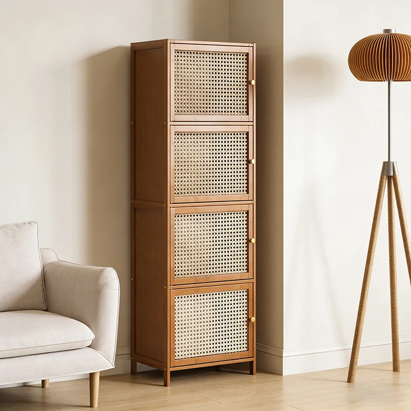 Traditional Chinese Bamboo Rattan Glass Rectangular Storage Cabinet With 2/3/4/5/6 Storage For Living Room