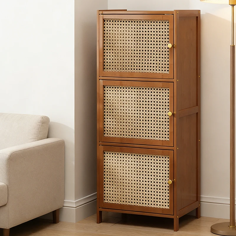 Traditional Chinese Bamboo Rattan Glass Rectangular Storage Cabinet With 2/3/4/5/6 Storage For Living Room