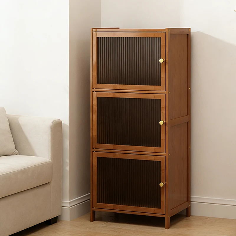 Traditional Chinese Bamboo Rattan Glass Rectangular Storage Cabinet With 2/3/4/5/6 Storage For Living Room