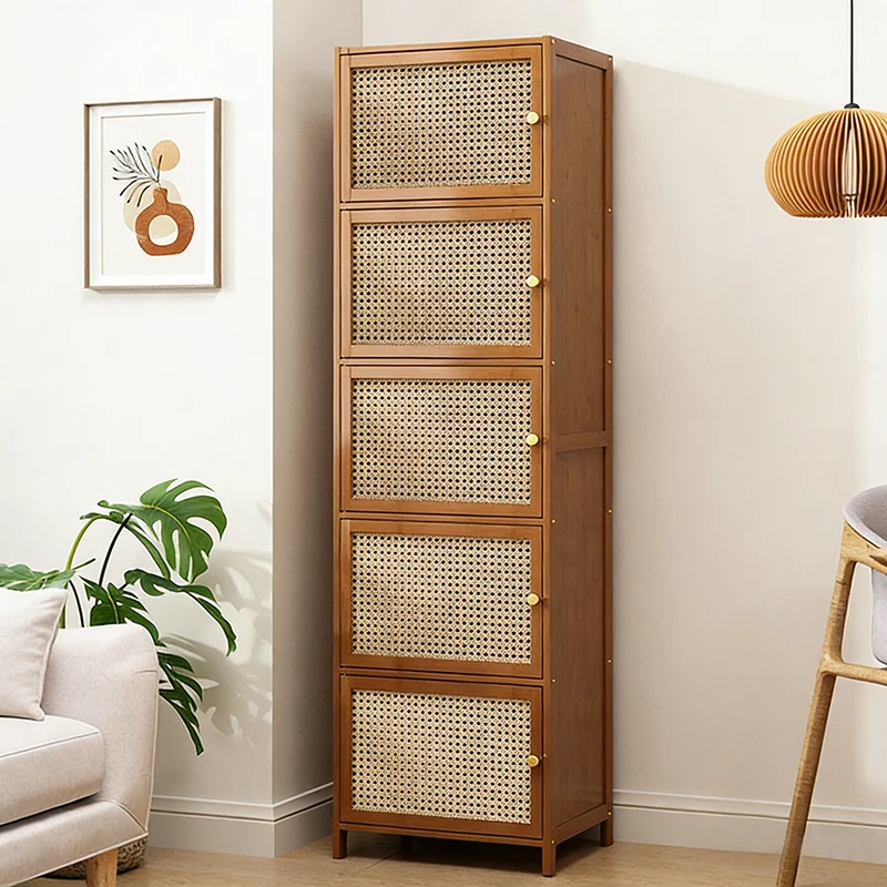 Traditional Chinese Bamboo Rattan Glass Rectangular Storage Cabinet With 2/3/4/5/6 Storage For Living Room