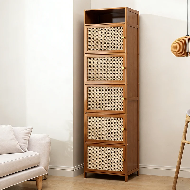 Traditional Chinese Bamboo Rattan Glass Rectangular Storage Cabinet With 2/3/4/5/6 Storage For Living Room