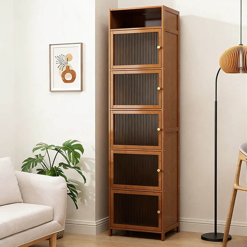 Traditional Chinese Bamboo Rattan Glass Rectangular Storage Cabinet With 2/3/4/5/6 Storage For Living Room
