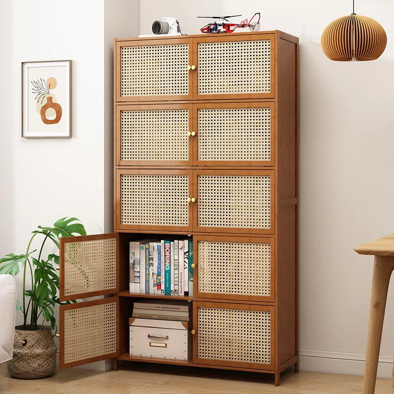 Traditional Vintage Bamboo Rattan Glass Rectangular Storage Cabinet With 2/3/4/5/6 Tiers For Living Room