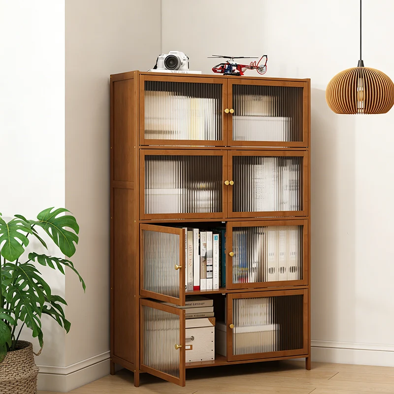 Traditional Vintage Bamboo Rattan Glass Rectangular Storage Cabinet With 2/3/4/5/6 Tiers For Living Room