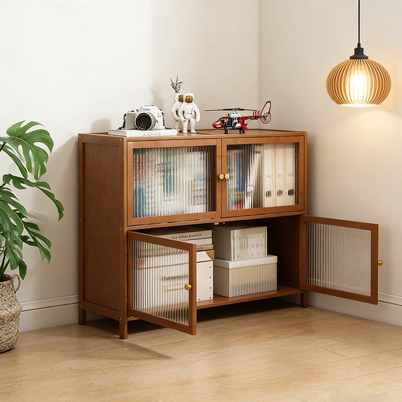 Traditional Vintage Bamboo Rattan Glass Rectangular Storage Cabinet With 2/3/4/5/6 Tiers For Living Room