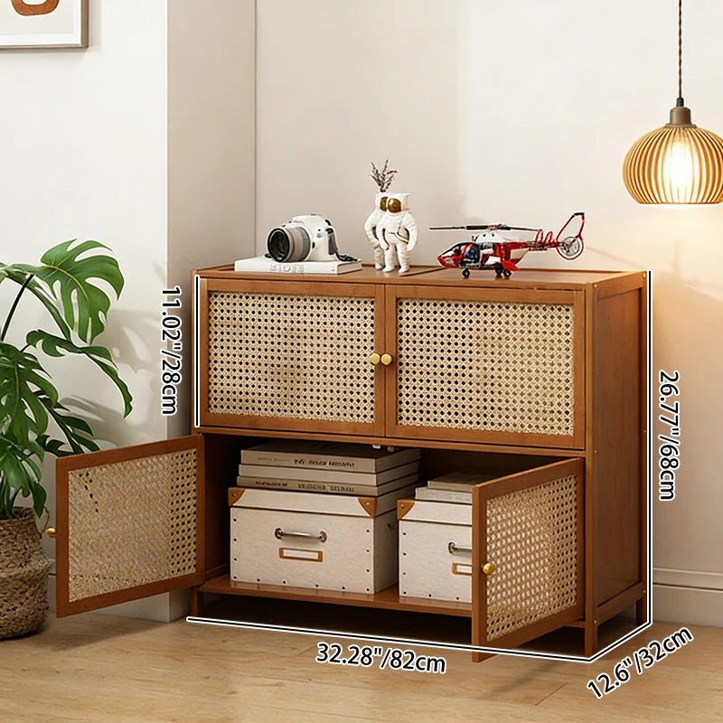 Traditional Vintage Bamboo Rattan Glass Rectangular Storage Cabinet With 2/3/4/5/6 Tiers For Living Room