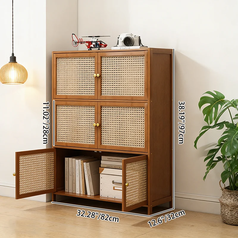 Traditional Vintage Bamboo Rattan Glass Rectangular Storage Cabinet With 2/3/4/5/6 Tiers For Living Room