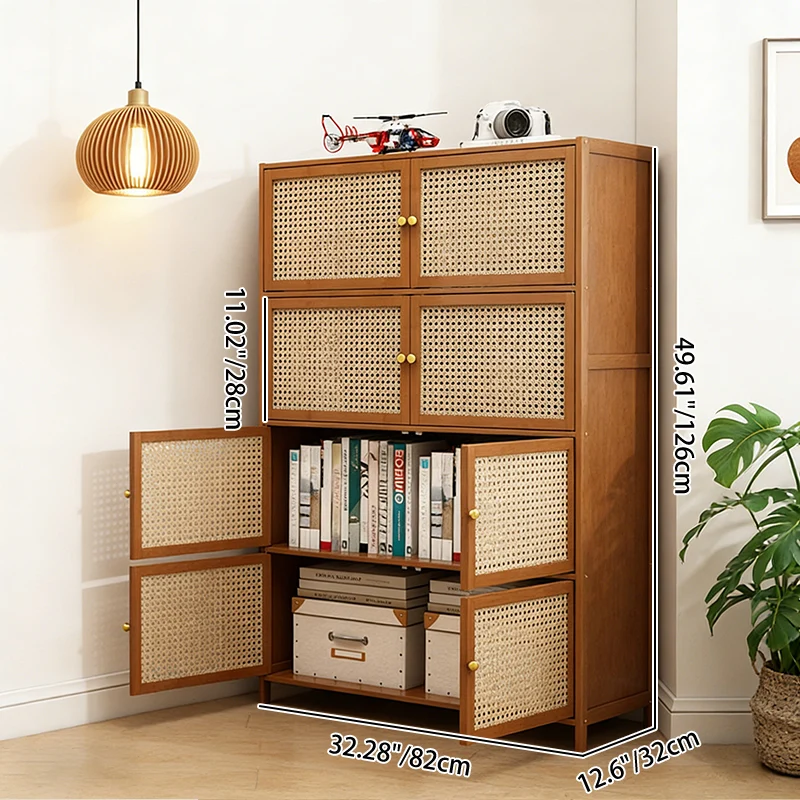 Traditional Vintage Bamboo Rattan Glass Rectangular Storage Cabinet With 2/3/4/5/6 Tiers For Living Room