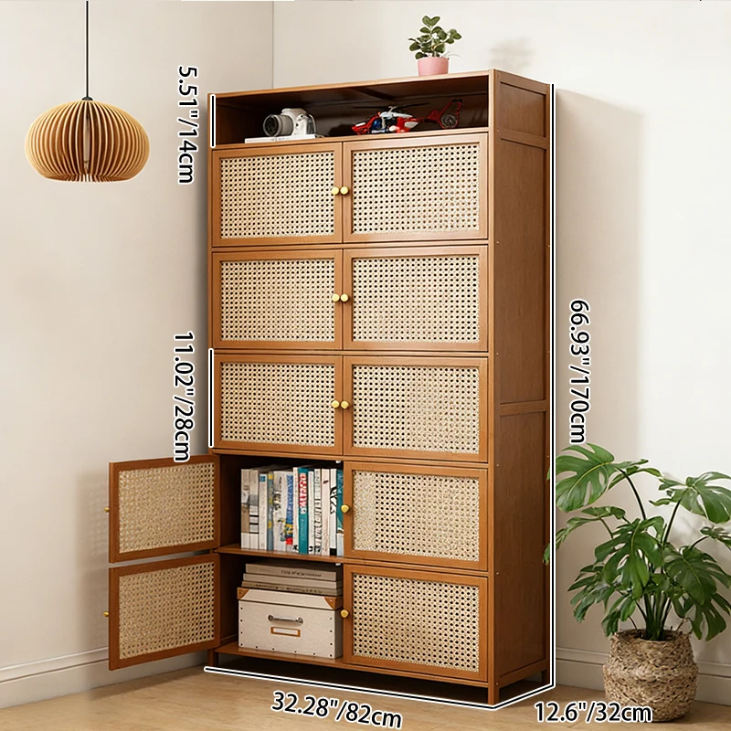 Traditional Vintage Bamboo Rattan Glass Rectangular Storage Cabinet With 2/3/4/5/6 Tiers For Living Room