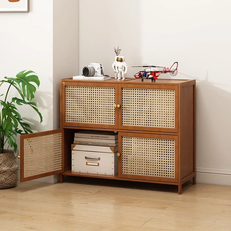 Traditional Vintage Bamboo Rattan Glass Rectangular Storage Cabinet With 2/3/4/5/6 Tiers For Living Room